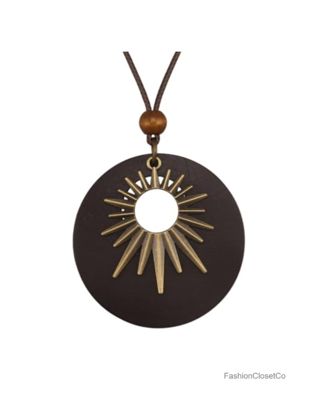 Wooden Sunburst Pendant Necklace Adjustable Faux Leather Cord Boho Layering